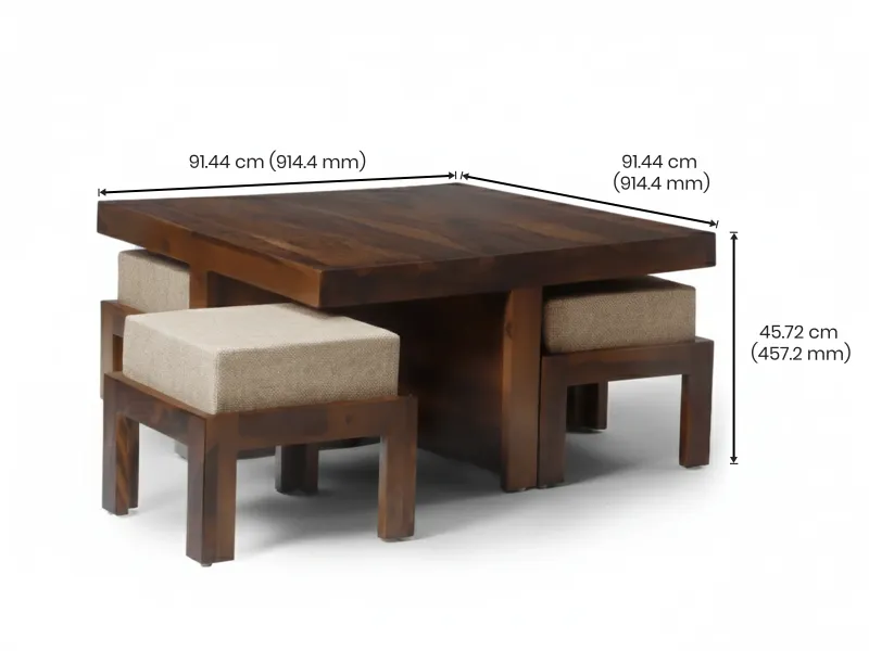 Belle Solid Wood Coffee Table with 4 Stools